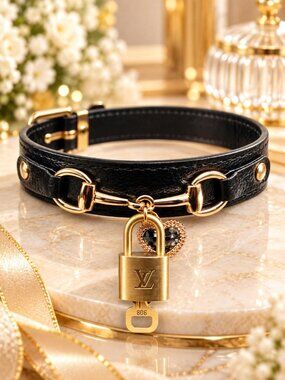 Authentic Louis Vuitton Gold Padlock & Key + Unbranded Pet Collar Dog Cat